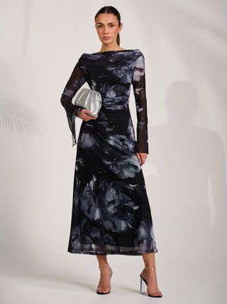 Long Sleeve Slash Neck Maxi Dress, Black Abstract