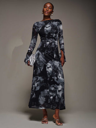 Long Sleeve Slash Neck Maxi Dress, Black Abstract