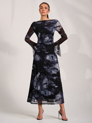 Long Sleeve Slash Neck Maxi Dress, Black Abstract
