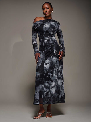 Long Sleeve Slash Neck Maxi Dress, Black Abstract