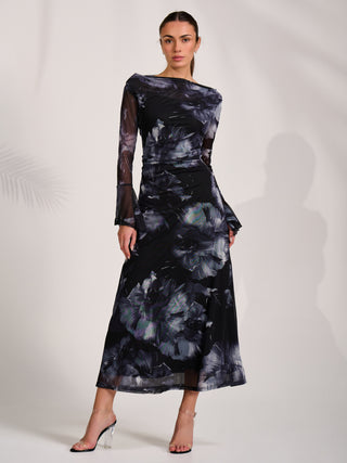 Long Sleeve Slash Neck Maxi Dress, Black Abstract
