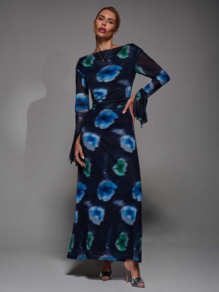 Long Sleeve Slash Neck Maxi Dress, Black Floral
