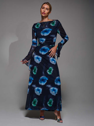Long Sleeve Slash Neck Maxi Dress, Black Floral