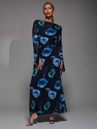 Long Sleeve Slash Neck Maxi Dress, Black Floral