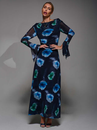 Long Sleeve Slash Neck Maxi Dress, Black Floral