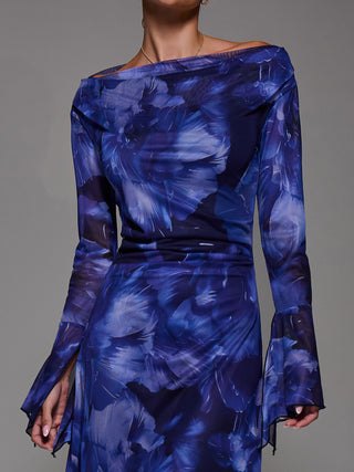 Long Sleeve Slash Neck Maxi Dress, Blue Abstract