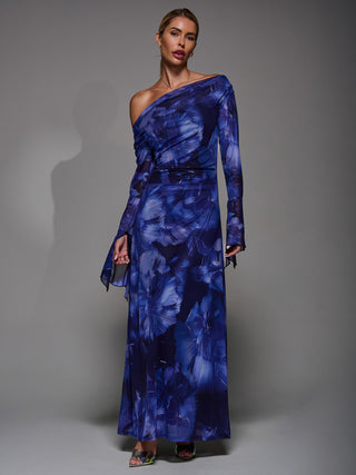 Long Sleeve Slash Neck Maxi Dress, Blue Abstract