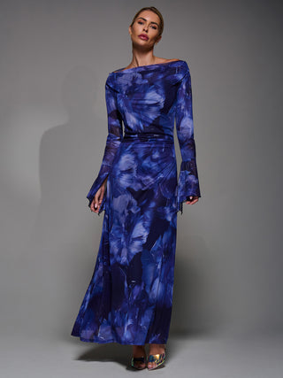 Long Sleeve Slash Neck Maxi Dress, Blue Abstract