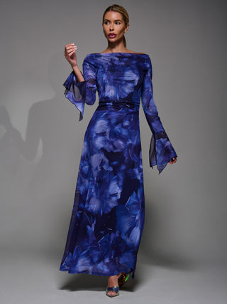 Long Sleeve Slash Neck Maxi Dress, Blue Abstract
