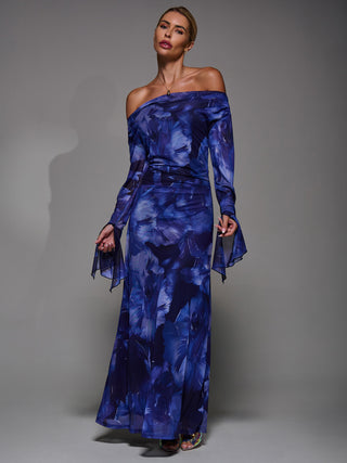 Long Sleeve Slash Neck Maxi Dress, Blue Abstract