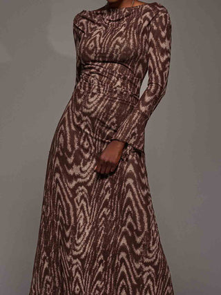 Long Sleeve Slash Neck Maxi Dress, Brown Animal