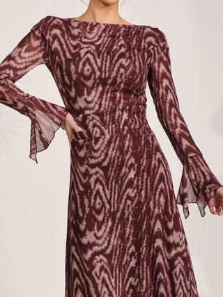 Long Sleeve Slash Neck Maxi Dress, Brown Animal