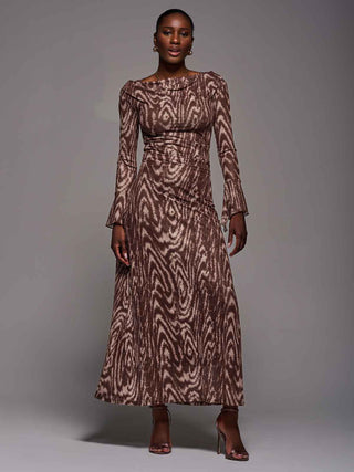 Long Sleeve Slash Neck Maxi Dress, Brown Animal
