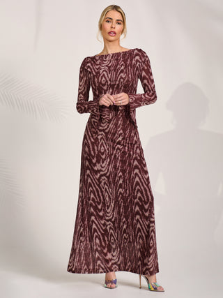 Long Sleeve Slash Neck Maxi Dress, Brown Animal