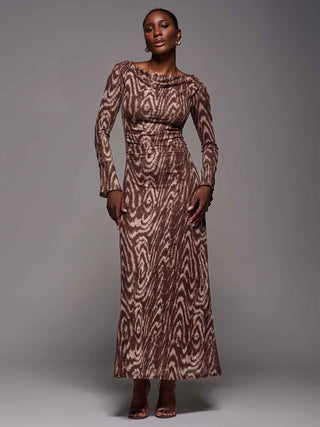 Long Sleeve Slash Neck Maxi Dress, Brown Animal