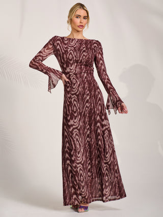 Long Sleeve Slash Neck Maxi Dress, Brown Animal