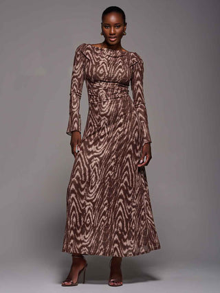 Long Sleeve Slash Neck Maxi Dress, Brown Animal