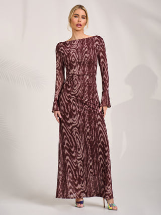 Long Sleeve Slash Neck Maxi Dress, Brown Animal