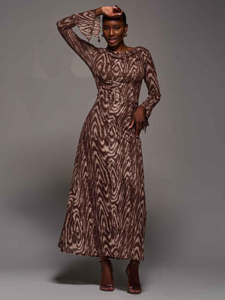 Long Sleeve Slash Neck Maxi Dress, Brown Animal