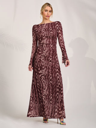 Long Sleeve Slash Neck Maxi Dress, Brown Animal