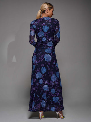 Long Sleeve Slash Neck Maxi Dress, Purple Floral