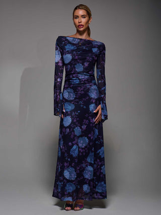 Long Sleeve Slash Neck Maxi Dress, Purple Floral
