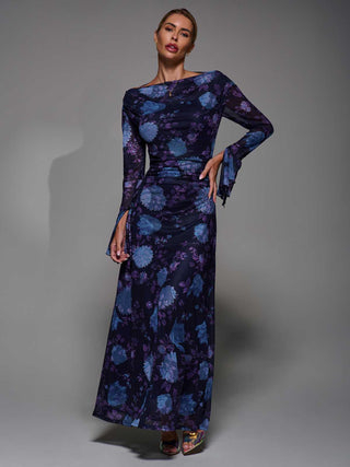 Long Sleeve Slash Neck Maxi Dress, Purple Floral