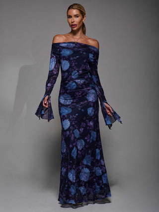 Long Sleeve Slash Neck Maxi Dress, Purple Floral
