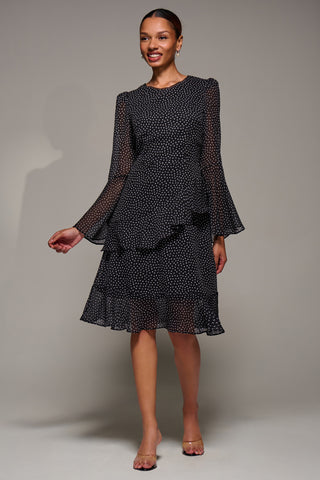 Long Sleeve Frill Chiffon Knee-Length Dress, Black Spot