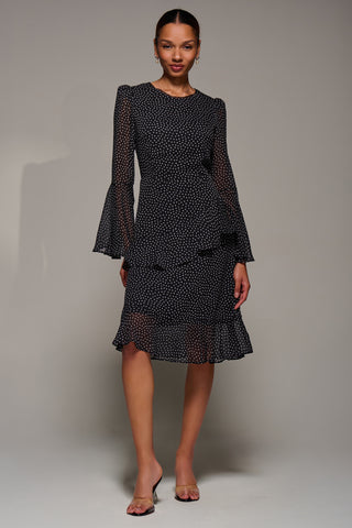 Long Sleeve Frill Chiffon Knee-Length Dress, Black Spot