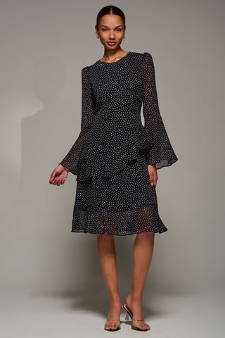 Long Sleeve Frill Chiffon Knee-Length Dress, Black Spot Jolie Moi Retail Long Sleeve Frill Chiffon Knee-Length Dress, Black Spot Jolie Moi Retail