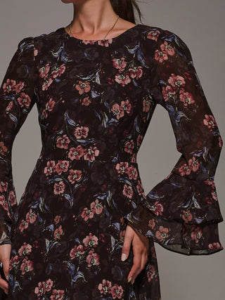 Long Sleeve Chiffon Print Frill Midaxi Dress, Burgundy Floral