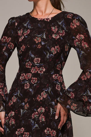 Long Sleeve Chiffon Print Frill Midaxi Dress, Burgundy Floral