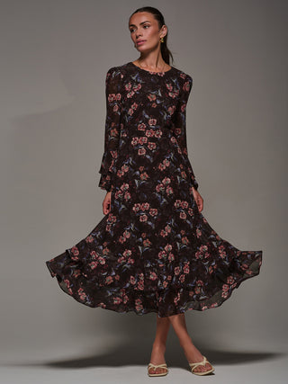 Long Sleeve Chiffon Print Frill Midaxi Dress, Burgundy Floral