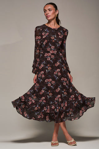 Long Sleeve Chiffon Print Frill Midaxi Dress, Burgundy Floral