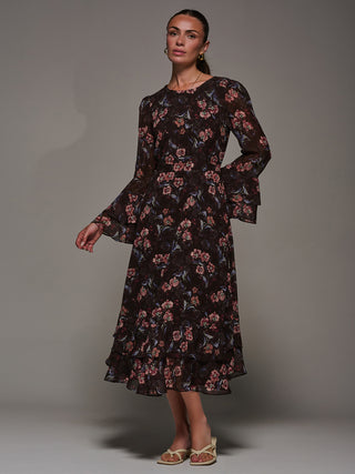 Long Sleeve Chiffon Print Frill Midaxi Dress, Burgundy Floral