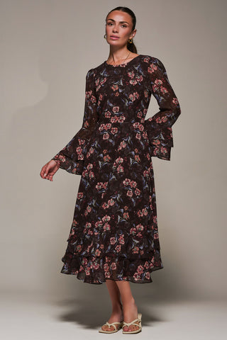 Long Sleeve Chiffon Print Frill Midaxi Dress, Burgundy Floral