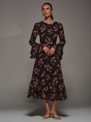 Long Sleeve Chiffon Print Frill Midaxi Dress, Burgundy Floral