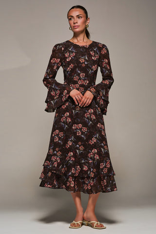 Long Sleeve Chiffon Print Frill Midaxi Dress, Burgundy Floral