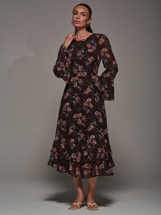 Long Sleeve Chiffon Print Frill Midaxi Dress, Burgundy Floral