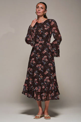 Long Sleeve Chiffon Print Frill Midaxi Dress, Burgundy Floral