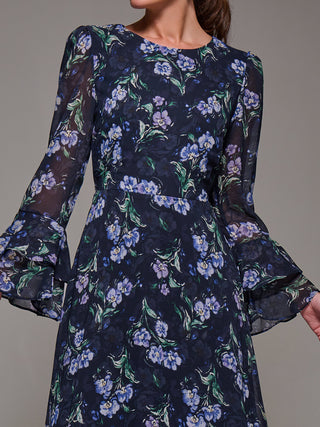 Long Sleeve Chiffon Print Frill Midaxi Dress, Navy Floral