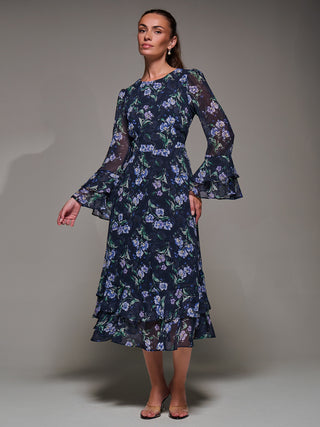 Long Sleeve Chiffon Print Frill Midaxi Dress, Navy Floral