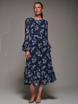 Long Sleeve Chiffon Print Frill Midaxi Dress, Navy Floral