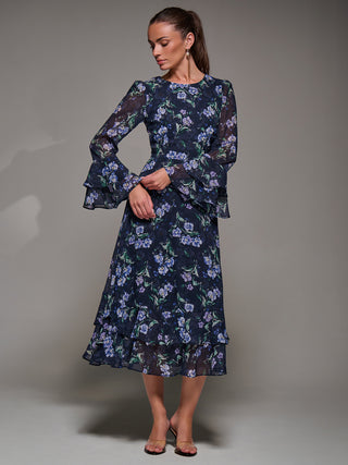 Long Sleeve Chiffon Print Frill Midaxi Dress, Navy Floral