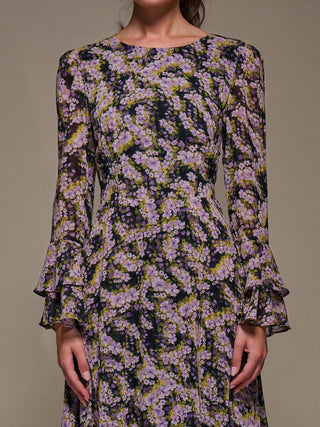 Long Sleeve Chiffon Print Frill Midaxi Dress Purple Multi