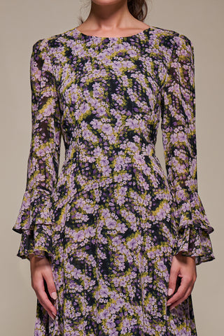 Long Sleeve Chiffon Print Frill Midaxi Dress, Purple Multi