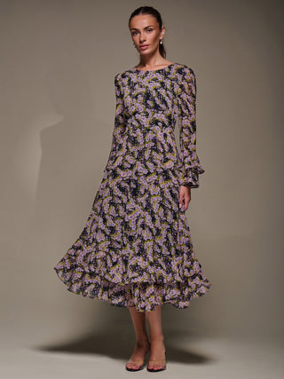Long Sleeve Chiffon Print Frill Midaxi Dress Purple Multi