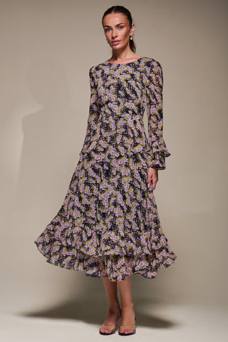 Long Sleeve Chiffon Print Frill Midaxi Dress, Purple Multi