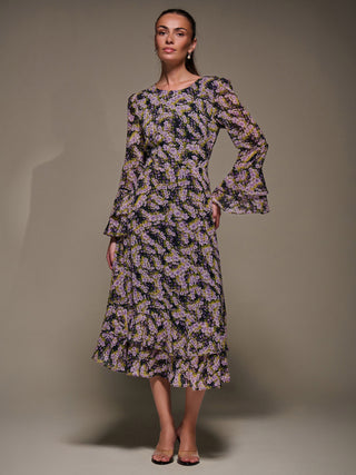 Long Sleeve Chiffon Print Frill Midaxi Dress Purple Multi